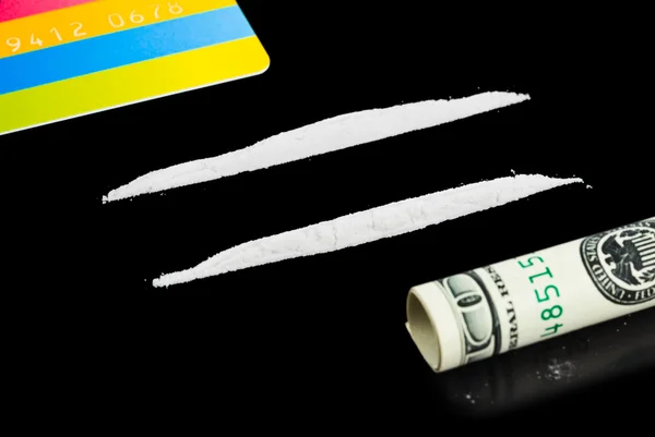 Cocaine, money and plastic card — Stock Photo, Image