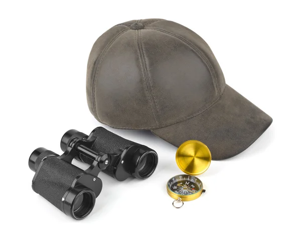 Binoculars, compass and cap — Stock Photo, Image
