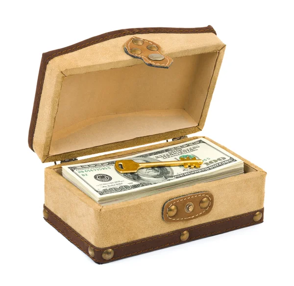 Деньги и ключ в коробке — стоковое фото