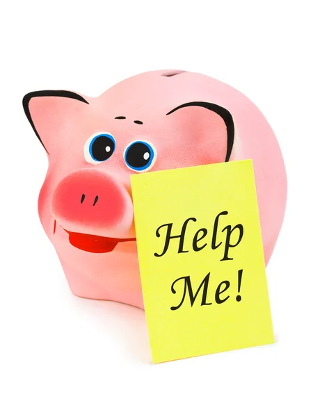 Piggy bank and paper Ajude-me — Fotografia de Stock