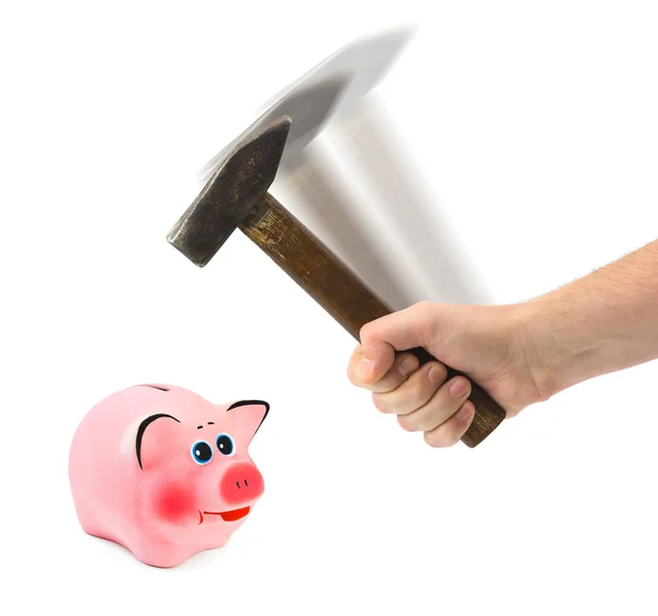 手与锤子和猪存钱罐 — 图库照片
