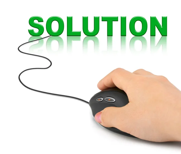 Hand met computer muis en word oplossing — Stockfoto