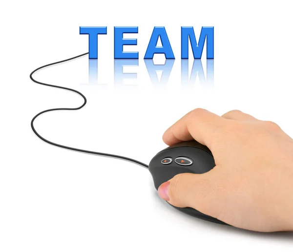 コンピューターのマウスと単語のチームと手します。 — ストック写真