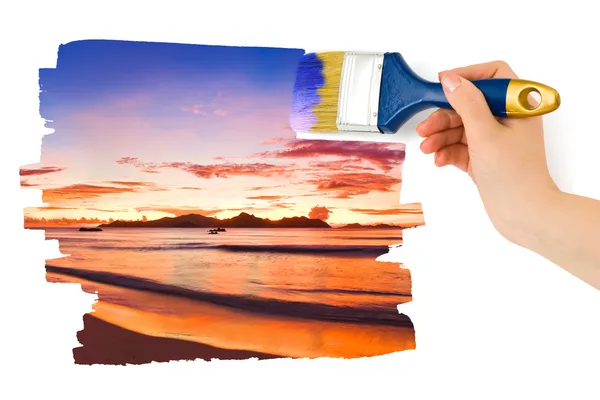 Main avec peinture au pinceau coucher de soleil — Photo