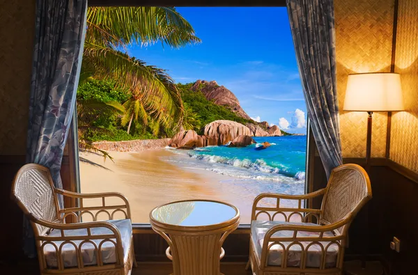 stock image Hotel room and beach landscape
