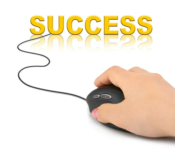 Ręka z komputera mysz i słowo sukces — Zdjęcie stockowe