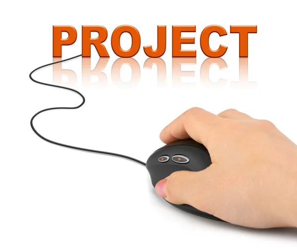 Hand met computer muis en word project — Stockfoto