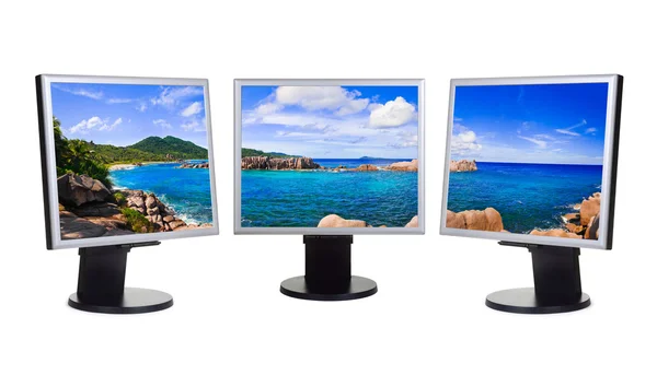 stock image Panorama of coast on computer screens