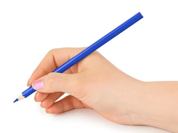 Blauwe potlood in de hand — Stockfoto