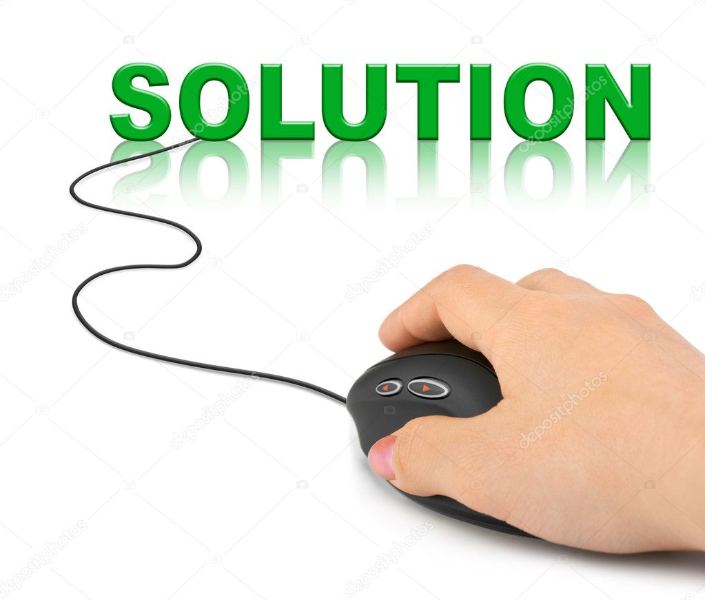 Hand with computer mouse and word Solution