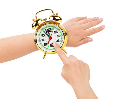 Hands and alarm clock like a watch clipart