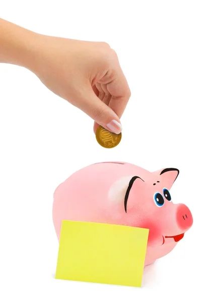 Banco porquinho e mão com moeda — Fotografia de Stock