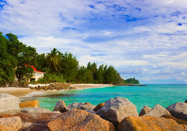 stock image Hotel at tropical beach, Praslin, Seychelles