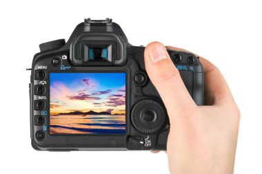 Hand with camera and beach landscape (my photo) clipart