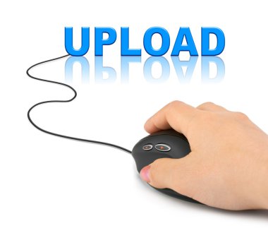 Hand with computer mouse and word Upload clipart