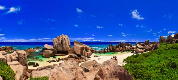 Panorama Playa Tropical Seychelles Fondo Naturaleza — Foto de Stock
