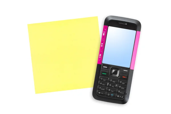 携帯電話と白い背景で隔離メモ用紙 — ストック写真