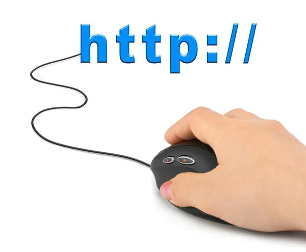 Hand met computer muis en word http — Stockfoto