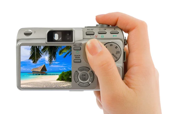 Hand Camera Landscape Photo Isolated White Background — Stock Photo, Image