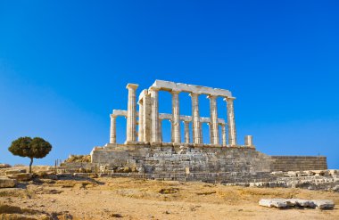 Atina, Yunanistan - yakınındaki cape sounion tapınağında Poseidon arka plan seyahat