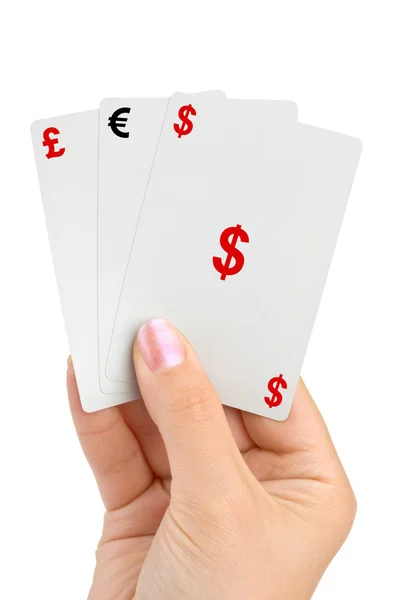 Tarjetas de mano y dinero — Foto de Stock