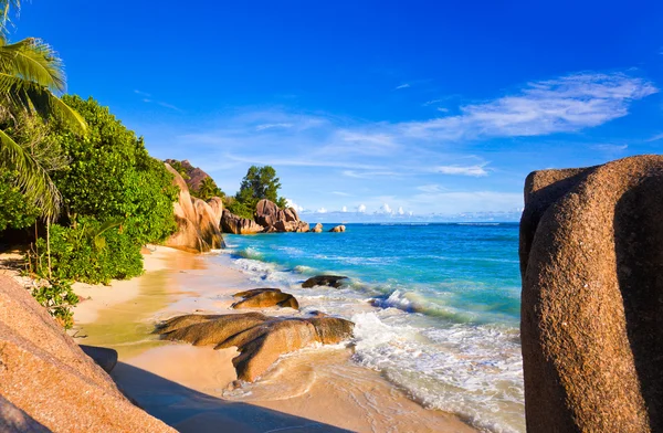 Spiaggia Tropicale Fonte Argent Alle Seychelles Sfondo Vacanza — Foto Stock
