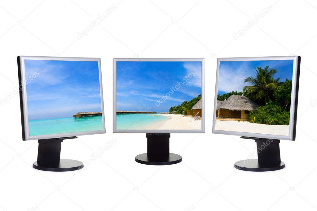 Panorama of beach on computer screens