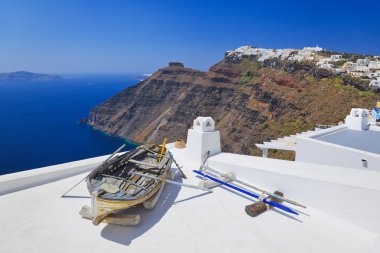 Santorini görünümü (firostefani, Yunanistan) - tatil arka plan