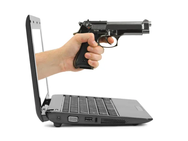 Рука Пистолетом Ноутбук Изолированы Белом Фоне — стоковое фото