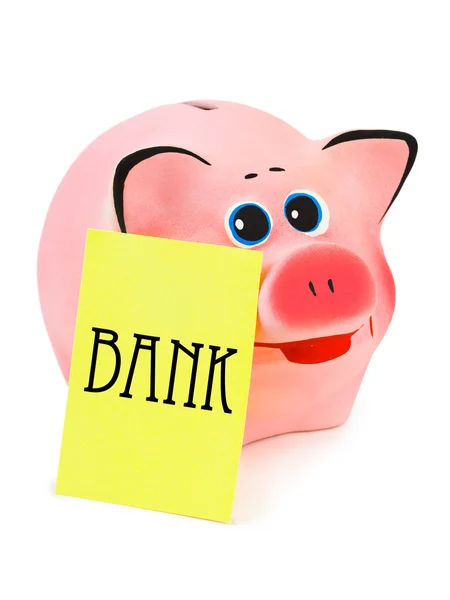 Piggy Bank Opmerking Papier Geïsoleerd Witte Achtergrond — Stockfoto