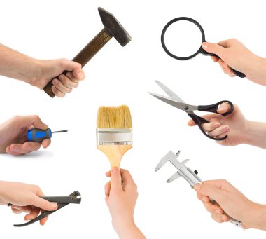 Set of hands with tools isolated on white background clipart