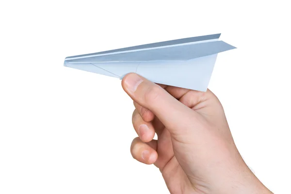 Hand Papier Vliegtuig Geïsoleerd Witte Achtergrond — Stockfoto