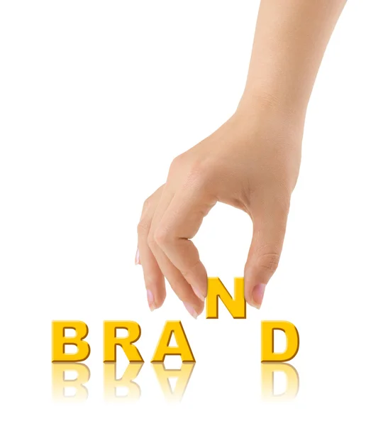 白い背景で隔離の手と単語のブランド — ストック写真