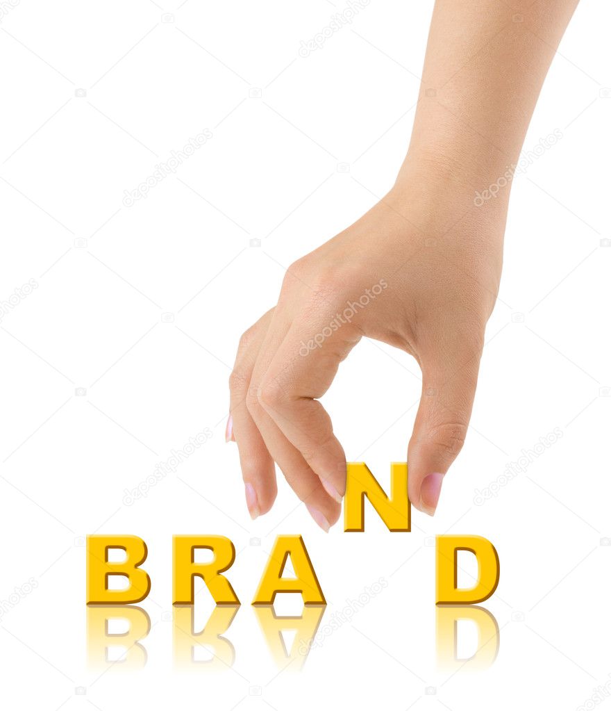 Hand and word Brand isolated on white background