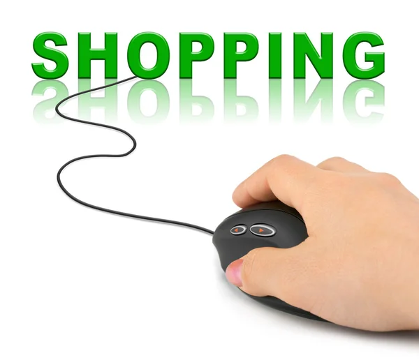 Mão Com Mouse Computador Palavra Compras Conceito Internet — Fotografia de Stock