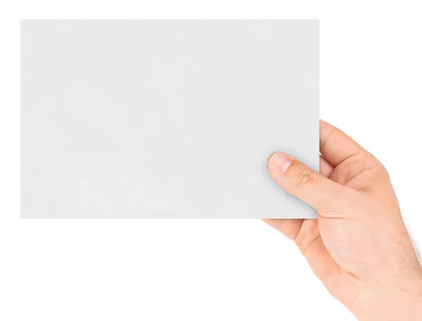 Papper Kortet Handen Isolerad Vit Bakgrund — Stockfoto