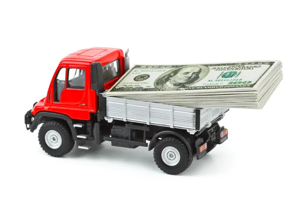 Vrachtwagen Van Auto Van Speelgoed Met Geld Geïsoleerd Witte Achtergrond — Stockfoto