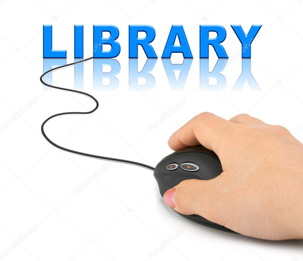 Hand with computer mouse and word Library - internet concept