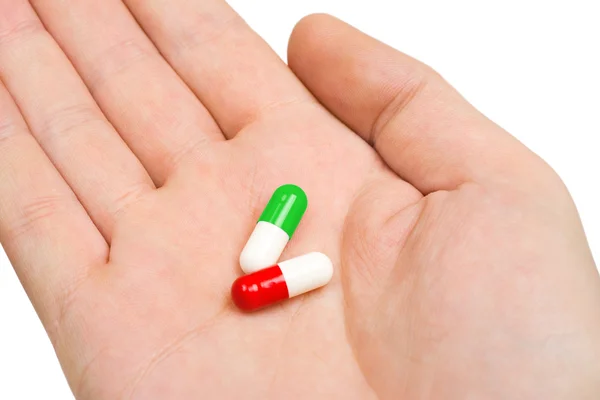 Hand Und Pillen Isoliert Auf Weißem Hintergrund — Stockfoto