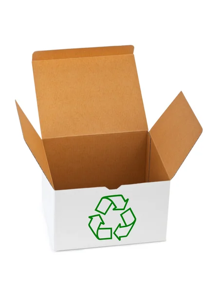 Schachtel mit Recyclingschild — Stockfoto