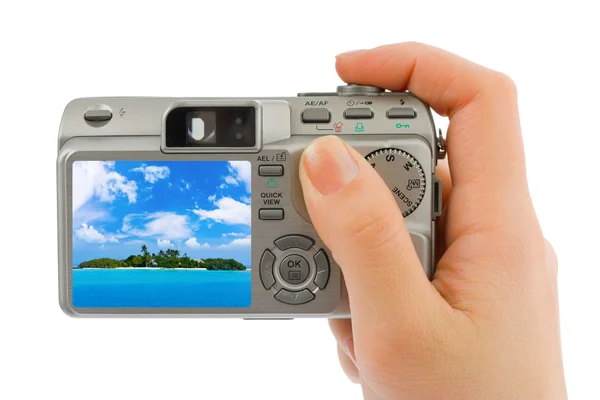 Hand Camera Landscape Photo Isolated White Background — Stock Photo, Image