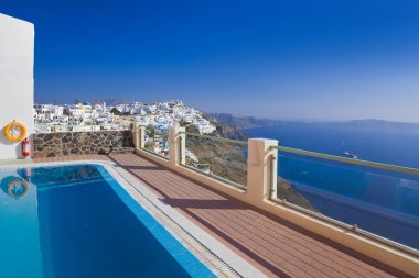 Santorini görünümü - Yunanistan (Firostefani) - tatil arka plan