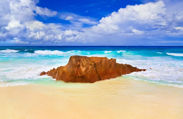 Πέτρινο Τροπική Παραλία Στις Σεϋχέλλες Φύση Φόντο — Φωτογραφία Αρχείου
