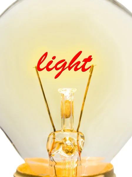 Palavra luz na lâmpada — Fotografia de Stock