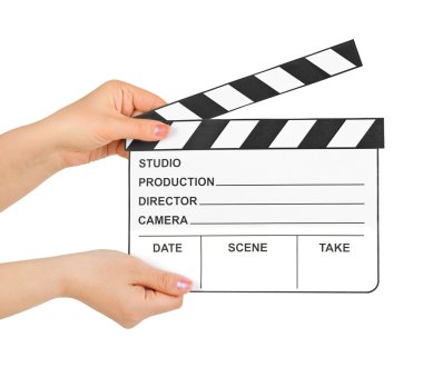 Cinema clapboard in hands isolated on white background clipart