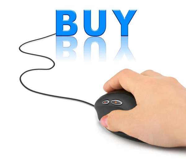 Mão com mouse computador e palavra Comprar — Fotografia de Stock