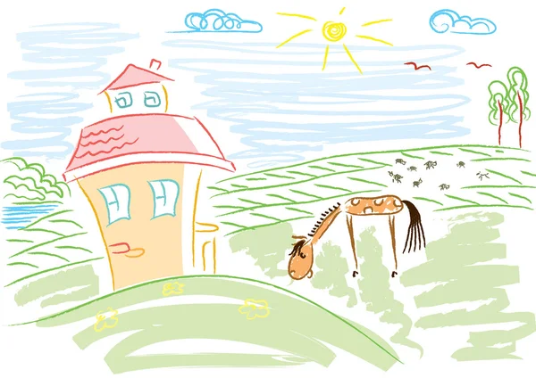 Пейзаж з будинком і конем — стокове фото