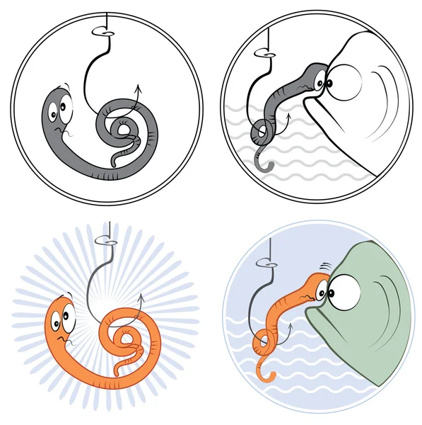 Pesca verme e pesce sott'acqua.Cartoni animati icone . — Foto Stock