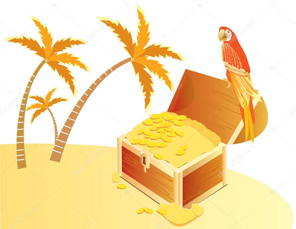 Treasure chest and parrote on island