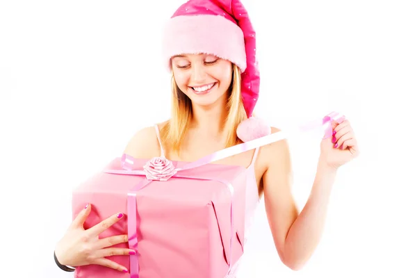 Miss Santa with gift — Stock Photo, Image